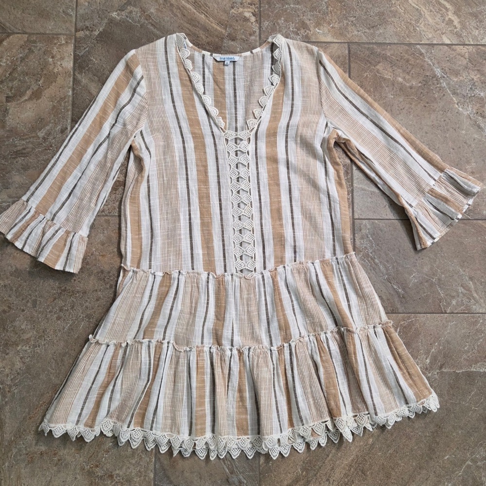 Blue Island Khaki Wht Striped Boho Mini Dress Crochet Lace Tiered Cotton S Beach